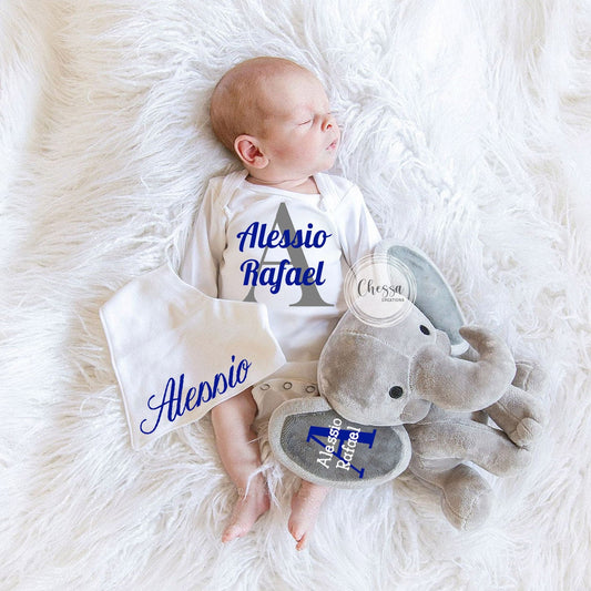 Baby Boy Shower 3-Piece Gift Set Customized Elephant Stuffed Animal Gift Basket Monogrammed Newborn Boy Gift Basket Royal Blue, Chessa