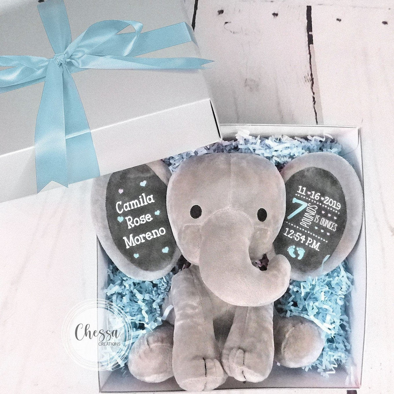 Newborn Baby Girl Gift, Custom Stuffed Elephant, Birth Stats, Photo Prop, Unique New Baby Gift Set for Basket, Cute Baby Shower, Rose Gold