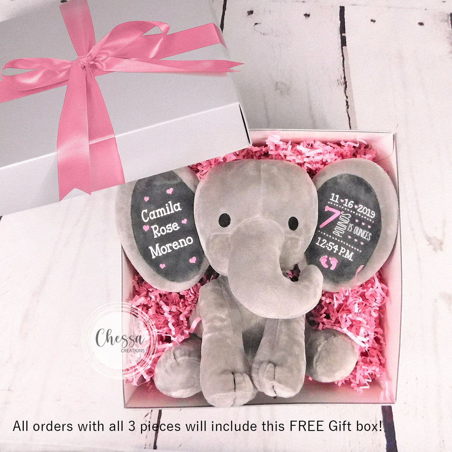 Girl Baby Shower Gift Set 3-Piece Personalized Items Elephant Stuffed Animal Monogrammed Bodysuit Custom Bib Newborn New Baby Basket Pink