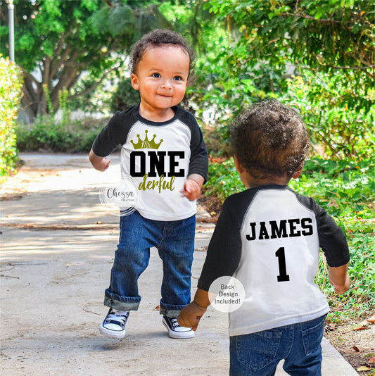 1st Birthday Boy, One Year Old Boy Birthday Outfit, Mr. ONEderful First Birthday, White raglan shirt w/ Black Sleeves, Chessa Original