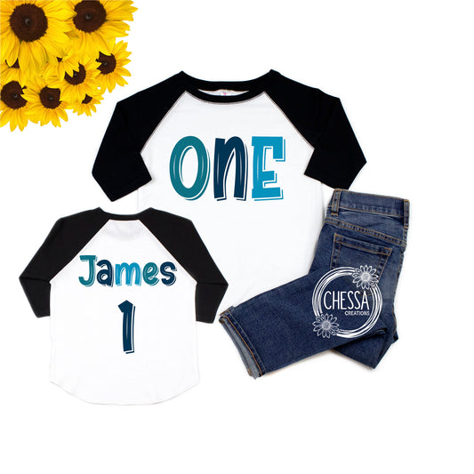 First Birthday Boy Shirt, 1st Outfit, ANY AGE! One, Two Year Old Boys Party Outfit Raglan Baseball Shirt, Blue, 1, 2, 3, 4, 5, 6, 7, 8, DTG