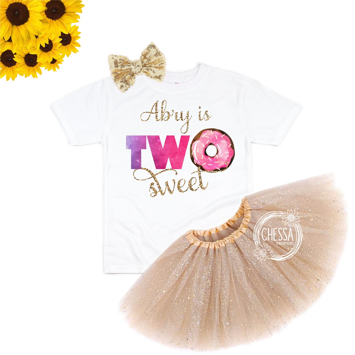 2nd Birthday Outfit Girl Two Sweet Donut 2 Year Old Girl Birthday Outfit, Short or Long Sleeve Shirt with Tutu and Bow, DTG