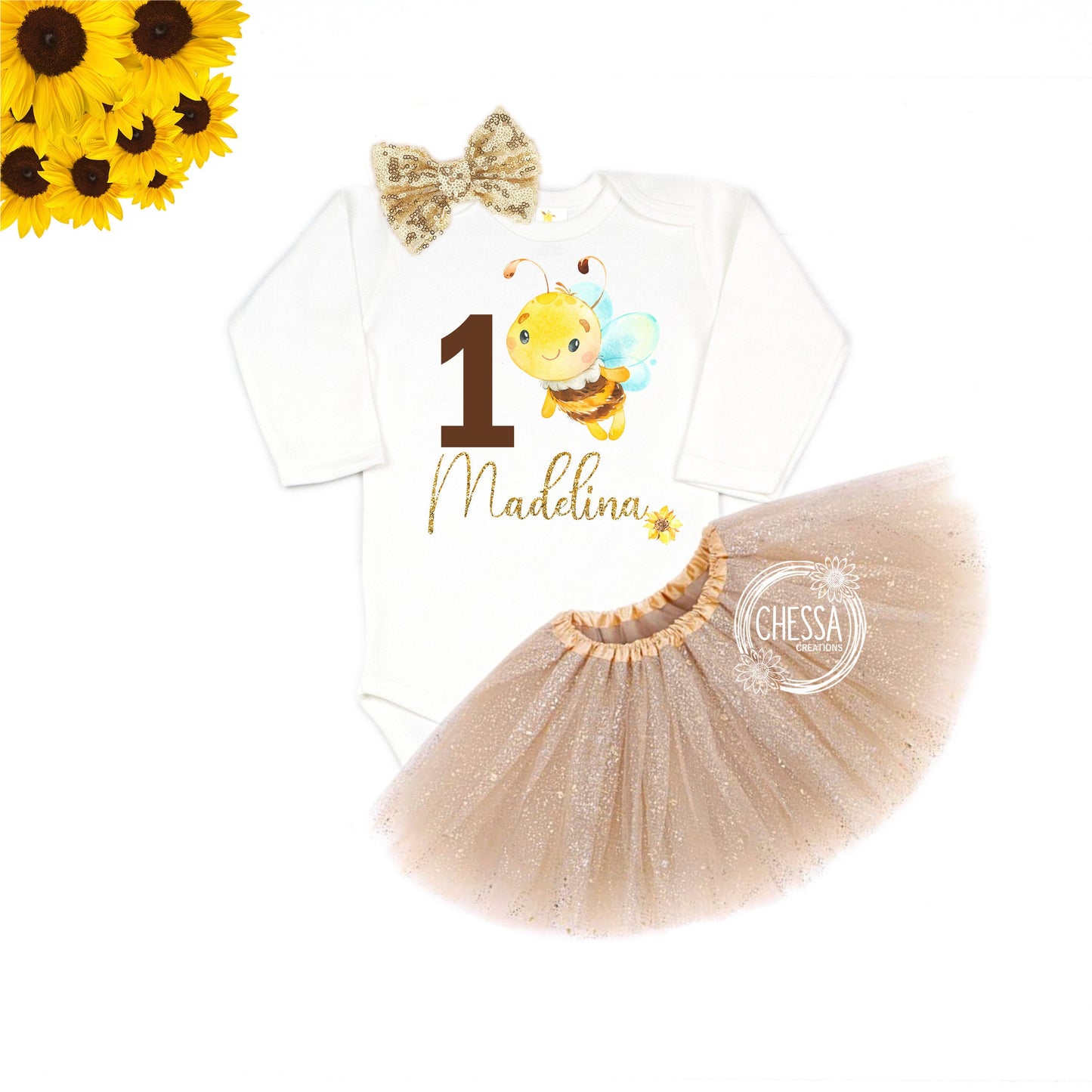 Honey Bee 1st Birthday Girl Outfit ANY AGE! 1 2 3 4 5 Year Old Shirt, Bumble Bee, Spring Summer Birthday, Gold Glitter Tutu & Bow, Ink Print