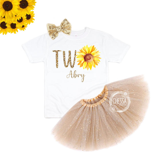 Girls Sunflower 2nd Birthday Outfit 2 Year Old Girl Flower Birthday Outfit, Long Sleeve Shirt with Tutu and Bow, Summer Birthday