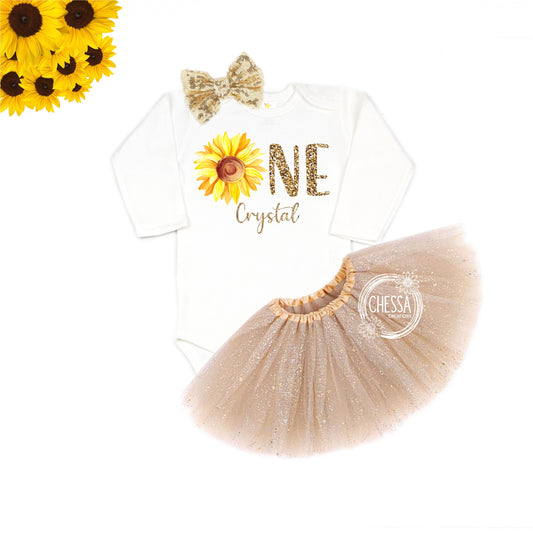 Sunflower 1st Birthday Girl Outfit First One Year Old Girl Birthday Shirt, Summer, Long or Short Sleeve Shirt with Tutu and Bow ANY AGE!