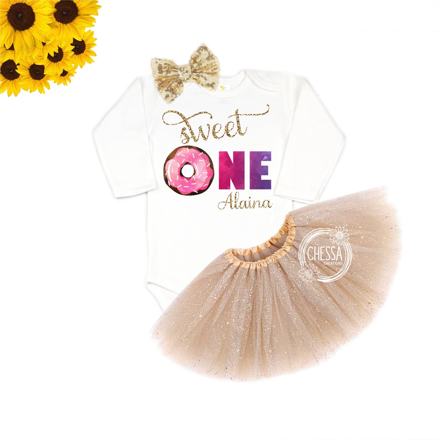 Donut First Birthday Girl Sweet One Outfit 1st Birthday, One Year Old Girl Birthday, Long or Short Sleeve Shirt with Tutu and Bow, DTG Ink