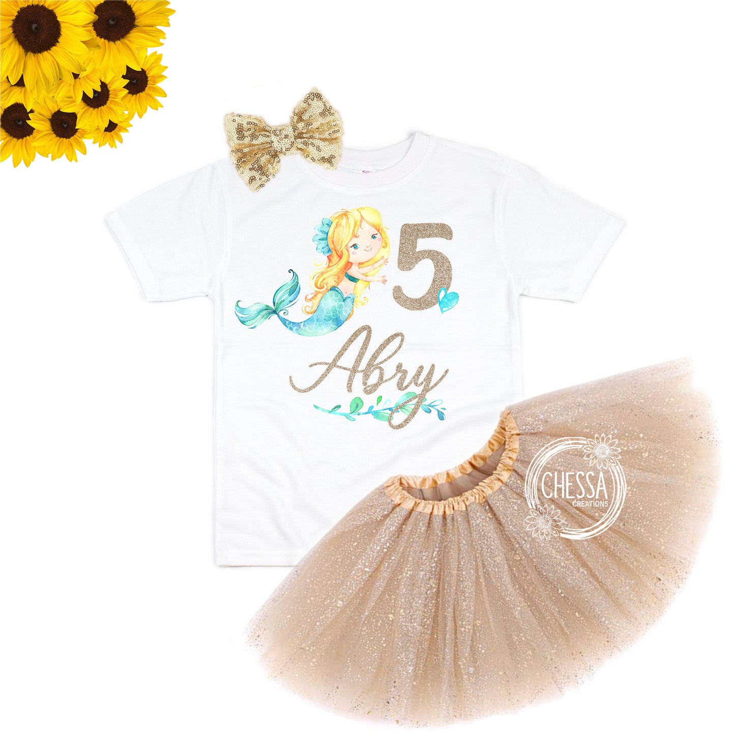 Mermaid Birthday Shirt Girl Birthday Outfit, ANY AGE! 1, 2, 3, 4, 5, 6, 7, 8 Year Old Girl Outfit, Long Sleeve Shirt, Tutu and Bow, DTG