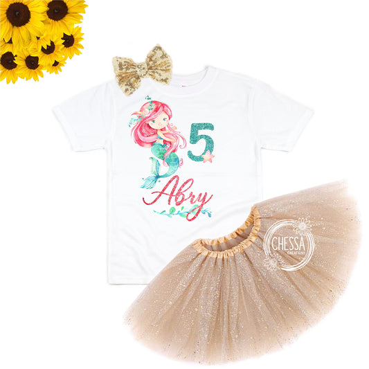 Mermaid Birthday Shirt Girl Birthday Outfit, ANY AGE! 1, 2, 3, 4, 5, 6, 7, 8 Year Old Girl Outfit, Long Sleeve Shirt, Tutu and Bow, DTG Ink