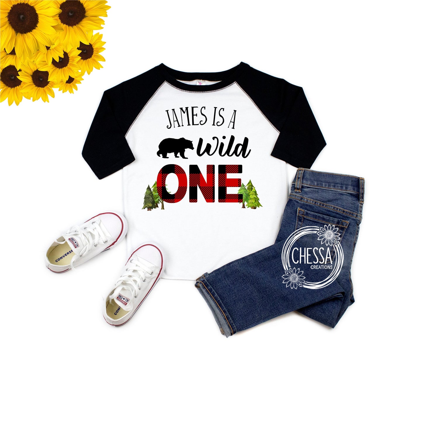 Christmas 1st Birthday Boy Outfit Wild One Year Old Red Black Plaid First Cake Smash Shirt 1, 3/4 Sleeve Raglan, Professional Ink Print