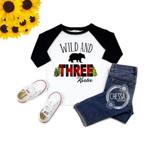 Christmas 3rd Birthday Boy Outfit Wild and Three Year Old Red Black Plaid Birthday Cake Smash Shirt 3, Professional Ink Print