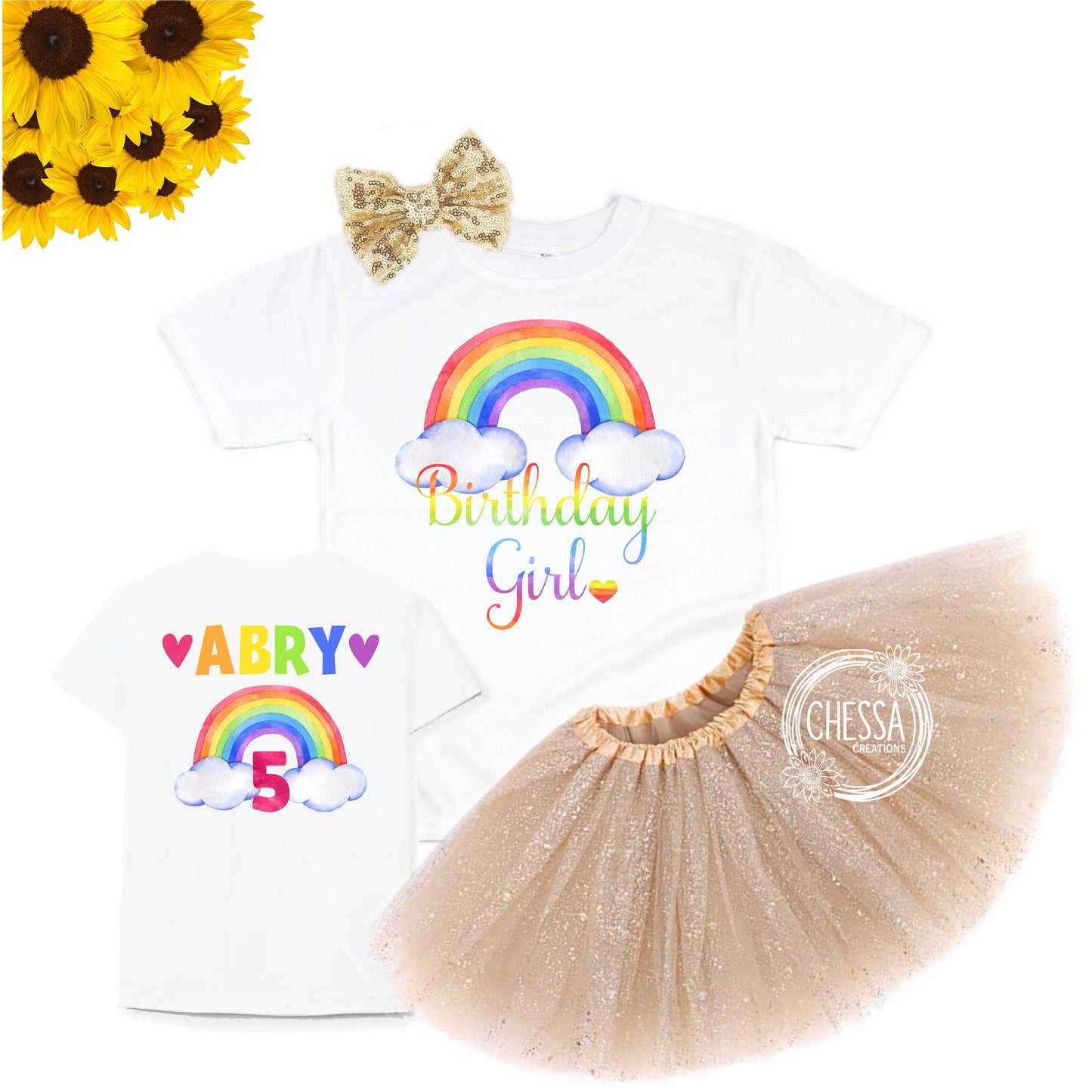 Rainbow Birthday Shirt Girl Birthday Outfit, ANY AGE! 1, 2, 3, 4, 5, 6, 7, 8 Year Old Girl Outfit, Long Sleeve Shirt, Tutu and Bow, DTG Ink