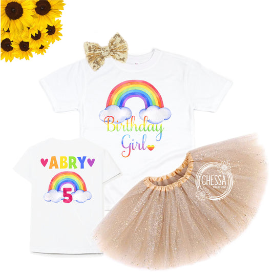 Rainbow Birthday Shirt Girl Birthday Outfit, ANY AGE! 1, 2, 3, 4, 5, 6, 7, 8 Year Old Girl Outfit, Long Sleeve Shirt, Tutu and Bow, DTG Ink