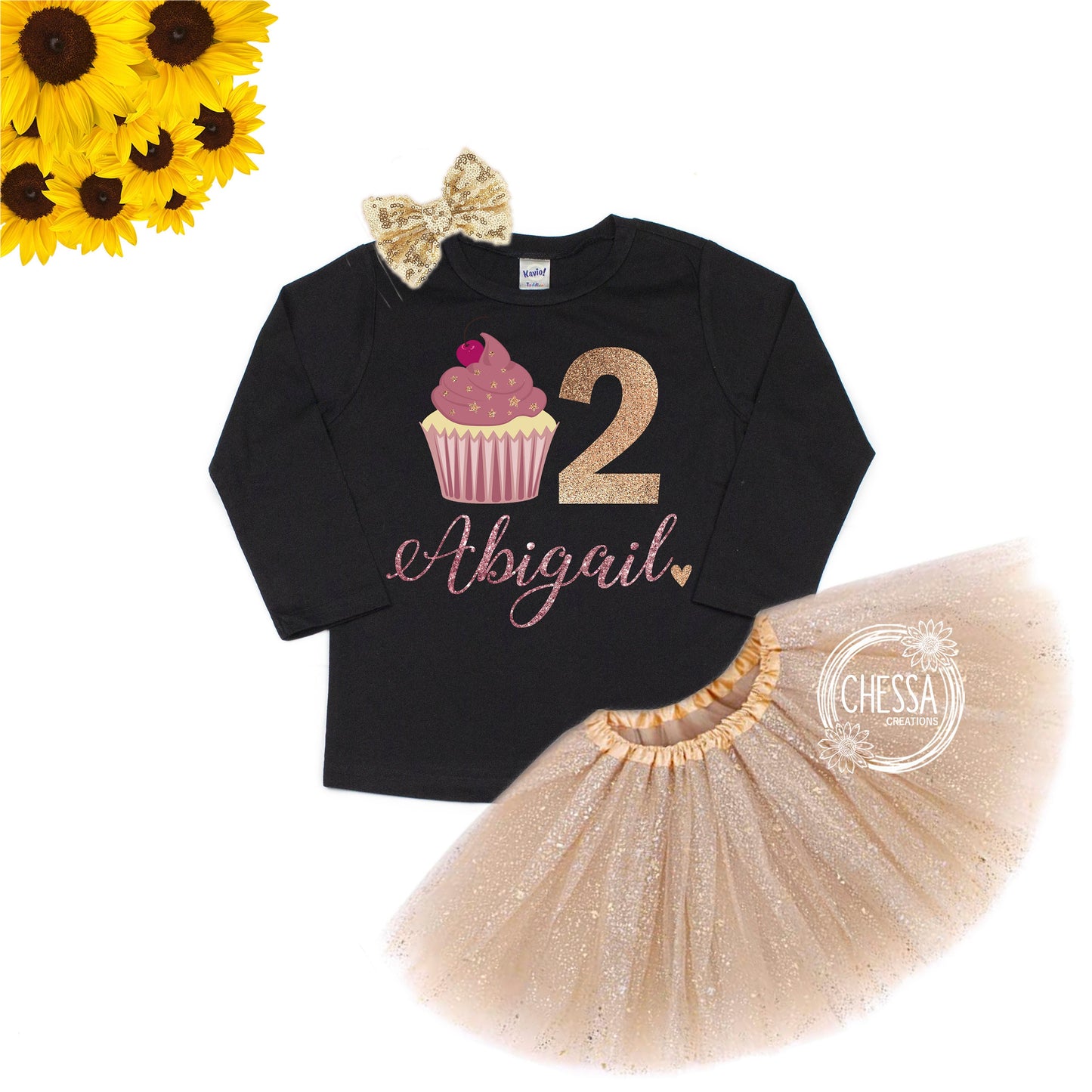 2nd Birthday Girl Outfit ANY AGE! 1st, 3rd, 4th Birthday Cupcake One Year Old Girl Rose Gold Long or Short Sleeve, Tutu and Bow, DTG