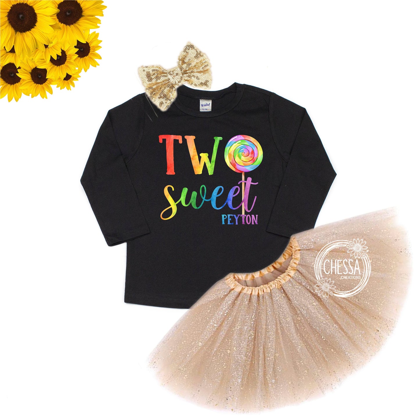 Two Sweet Girls Candy Birthday Outfit Shirt Lollipop 2 Year Old Girl TShirt, Short or Long Sleeve Shirt with Tutu and Bow, Summer Party