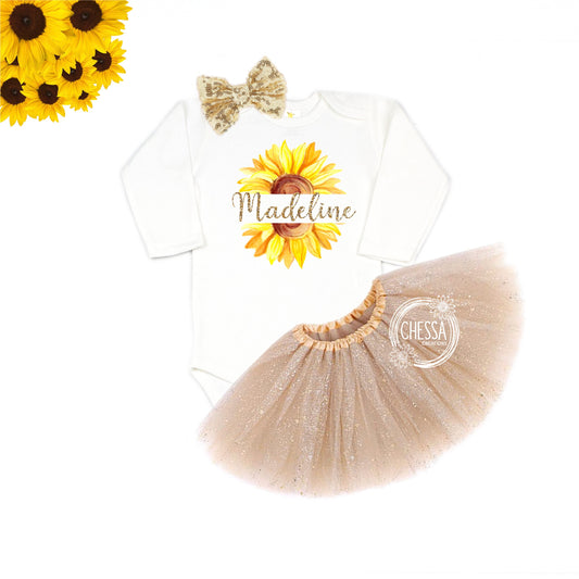 Girls Fall Shirt, Sunflower Baby Girl Shirt, Toddler Outfit, Custom Monogram, Baby Shower, DTG Ink Print