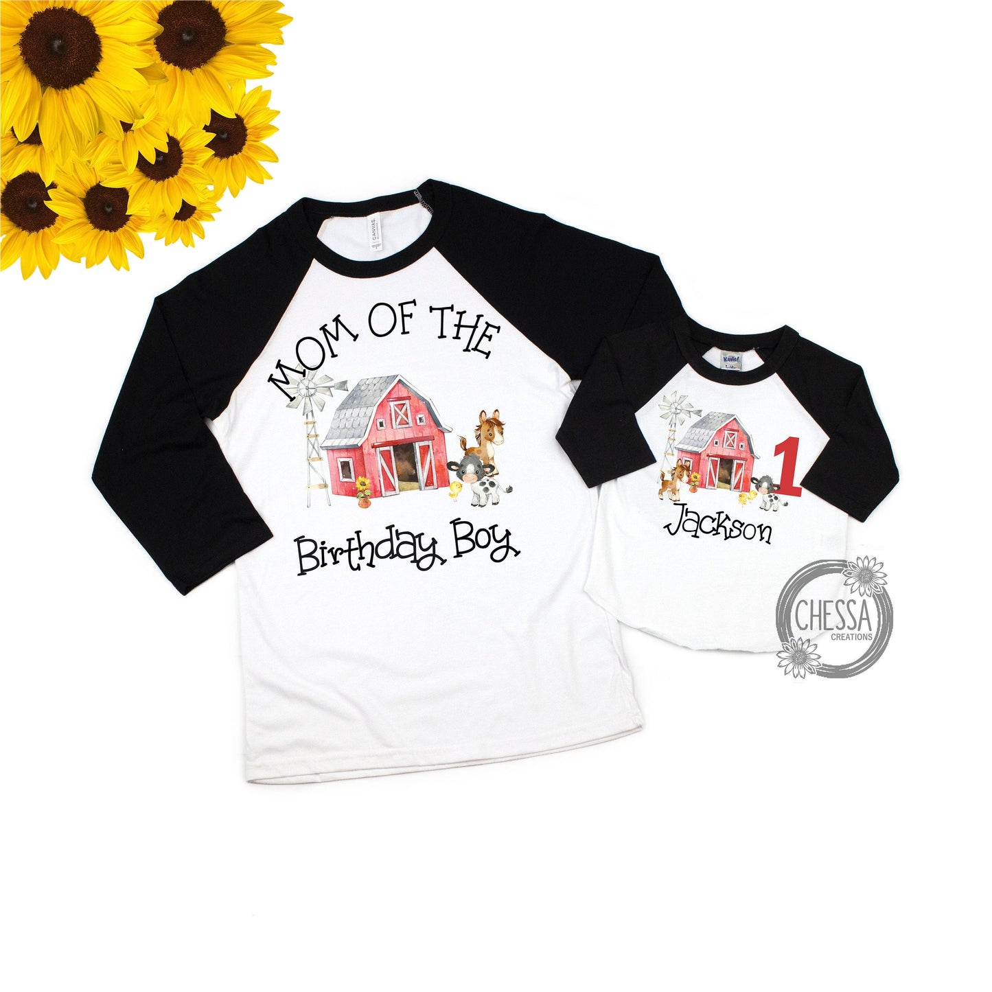 Farm Birthday Boy Family Shirts, 1st, 2nd Birthday for One, Two, Three Year Old Boys Tractor Party Outfit Raglan Baseball Cake Smash, Animal