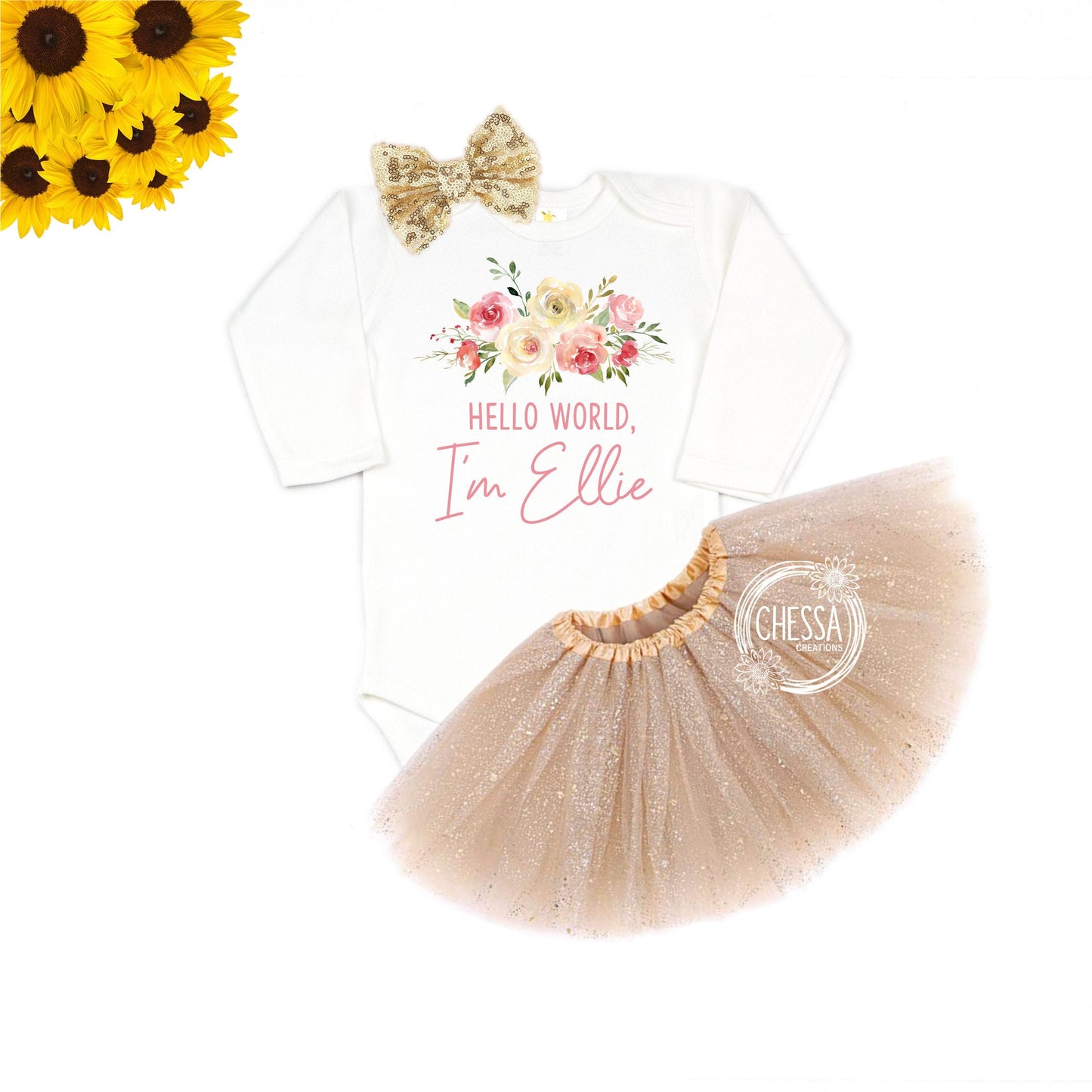 Hello World Baby Girl Coming Home Outfit, Newborn Girls Clothes, Long or Short Sleeve Shirt with Tutu and Bow, DTG Ink Print