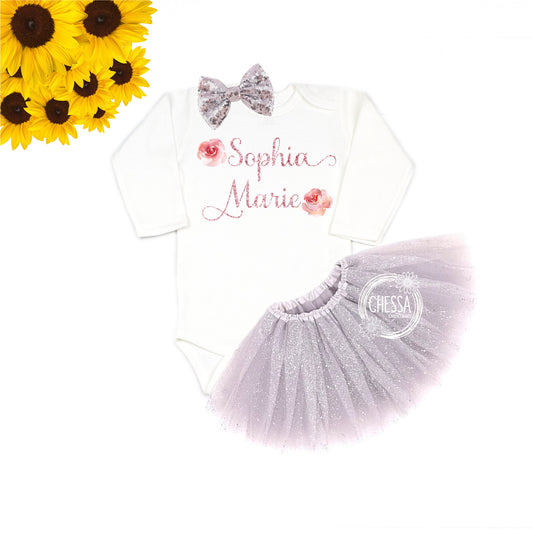 Baby Girl Coming Home Outfit, Personalized Girls Clothes, Long or Short Sleeve Shirt with Tutu and Bow, DTG Ink Print