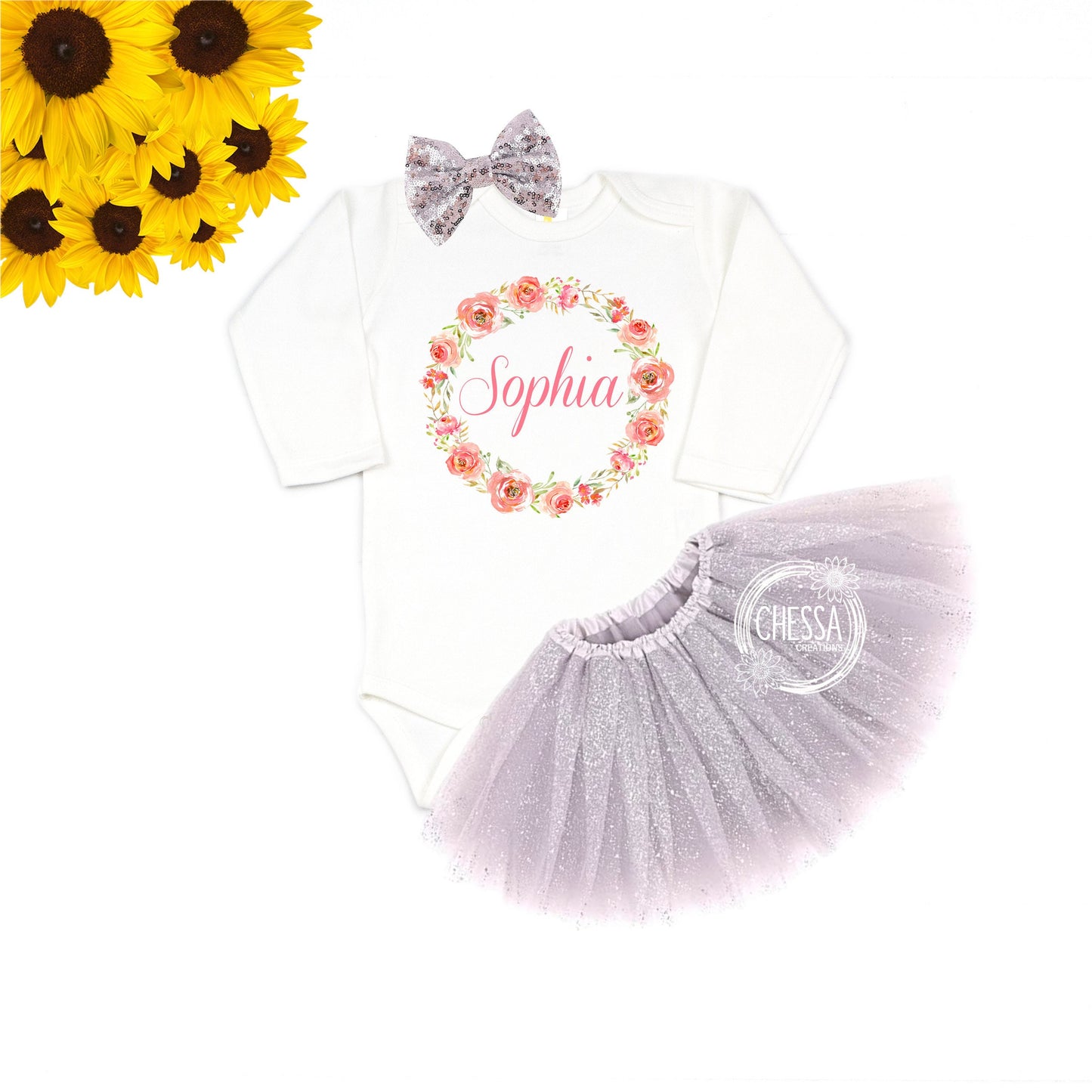 Baby Girl Coming Home Outfit, Shower Gift, Personalized Girls Clothes, Shirt with Tutu and Bow, Pink Floral Wreath Monogram, DTG Ink