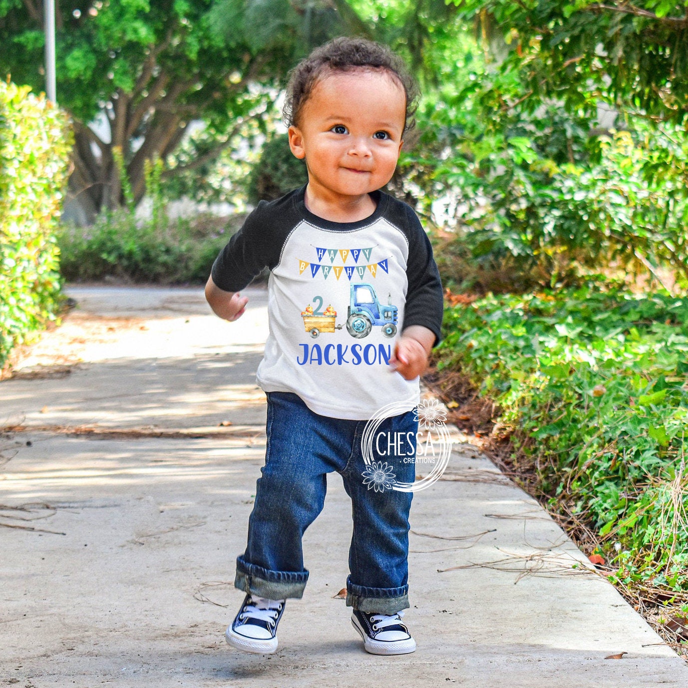 Farm Birthday Boy Shirt, Blue Tractor ANY AGE! Barn, Truck, One Year Old Boys Party Outfit Raglan Sleeve Shirt 1, 2, 3, 4, 5, 6, 7, 8, 9, 10