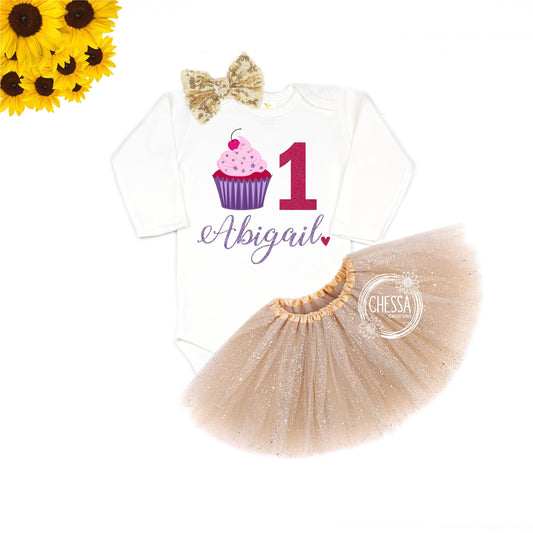 First Birthday Girl Outfit 1st Birthday Cupcake One Year Old Girl Birthday, Pink, Lavender, Long or Short Sleeve Shirt, Tutu and Bow, DTG