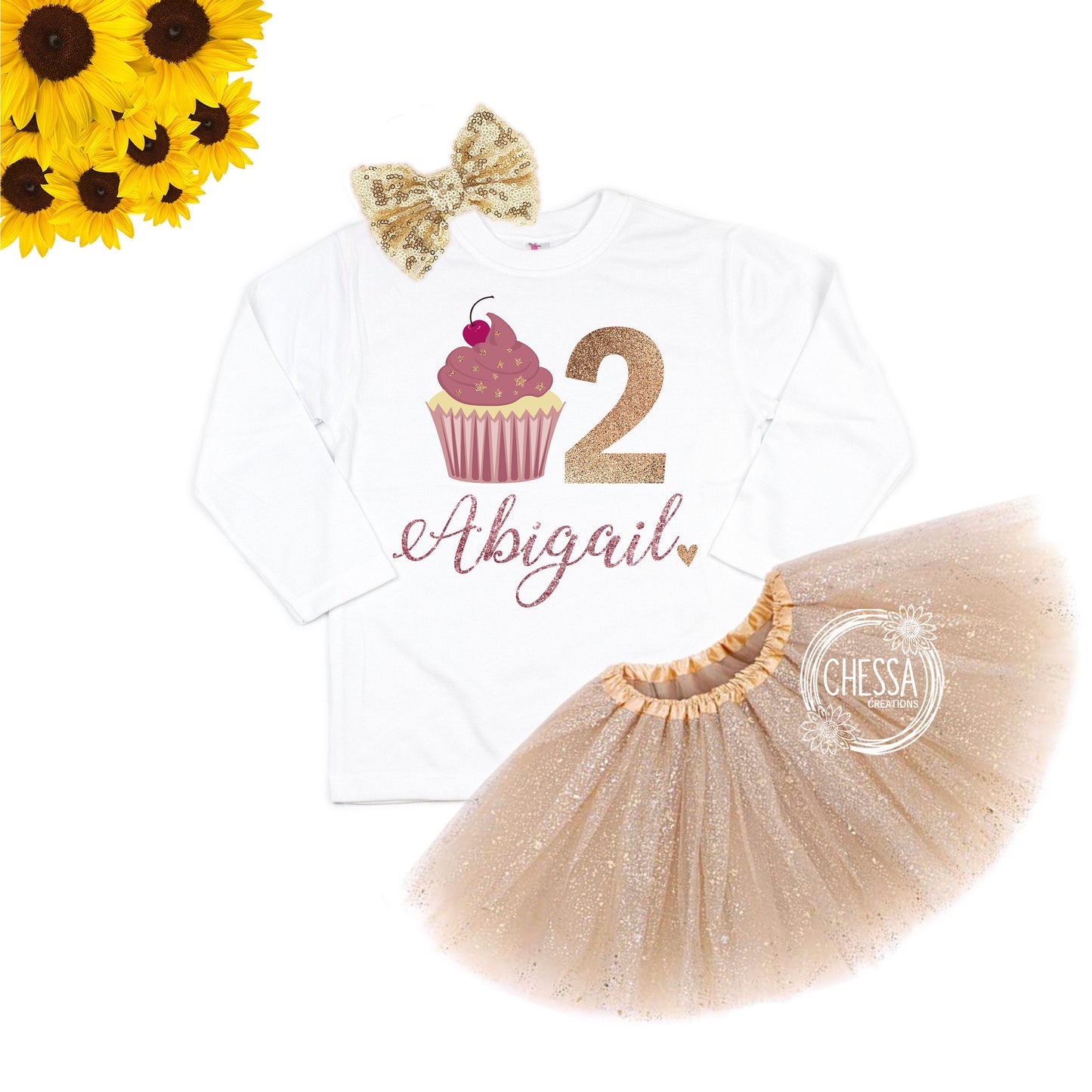 2nd Birthday Girl Outfit ANY AGE! 1st, 3rd, 4th Birthday Cupcake One Year Old Girl Rose Gold Long or Short Sleeve, Tutu and Bow, DTG