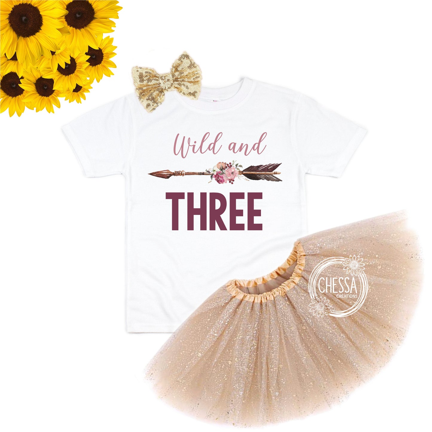 Wild and Three 3rd Birthday Outfit Girl 3 Year Old Shirt, Short or Long Sleeve, Purple Tutu and Bow, Boho Floral Tribal Arrow, DTG Ink Print