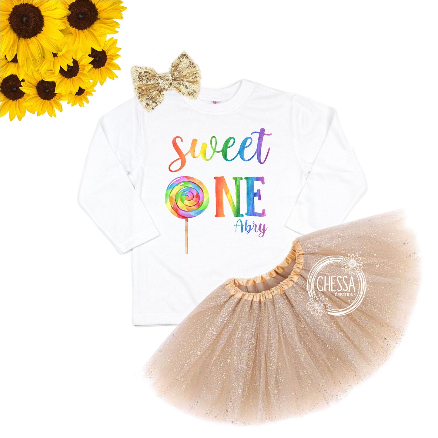 Sweet One Rainbow First Birthday Girl Outfit 1st Birthday Sweet One Year Old Lollipop, Long or Short Sleeve Shirt with Tutu & Bow, Candy