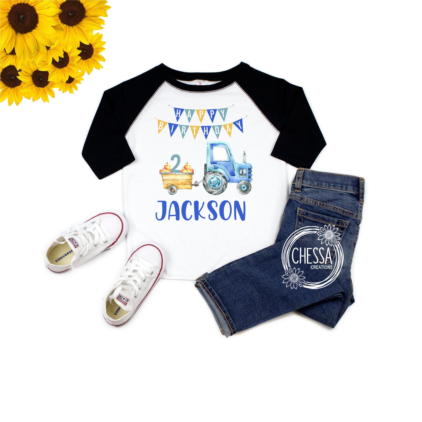 Farm Birthday Boy Shirt, Blue Tractor ANY AGE! Barn, Truck, One Year Old Boys Party Outfit Raglan Sleeve Shirt 1, 2, 3, 4, 5, 6, 7, 8, 9, 10