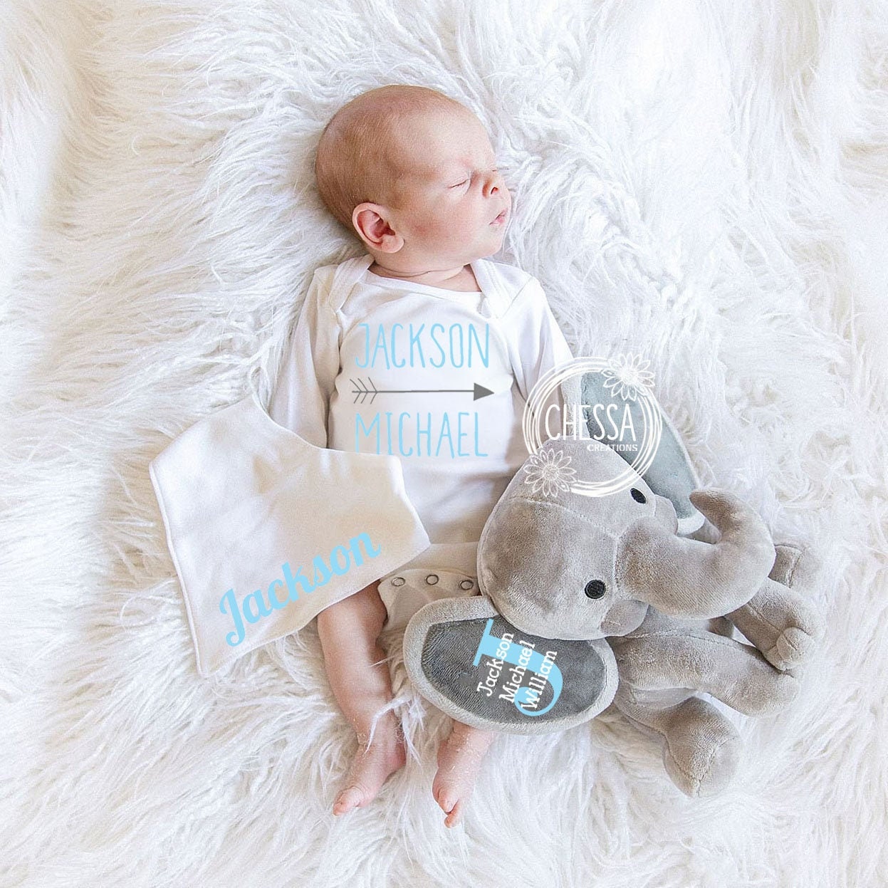 Baby Boy Shower Gift Set Customized Elephant Stuffed Animal Gift Basket Monogrammed Newborn Boy Gift Basket, Chessa Creations, Teal Blue