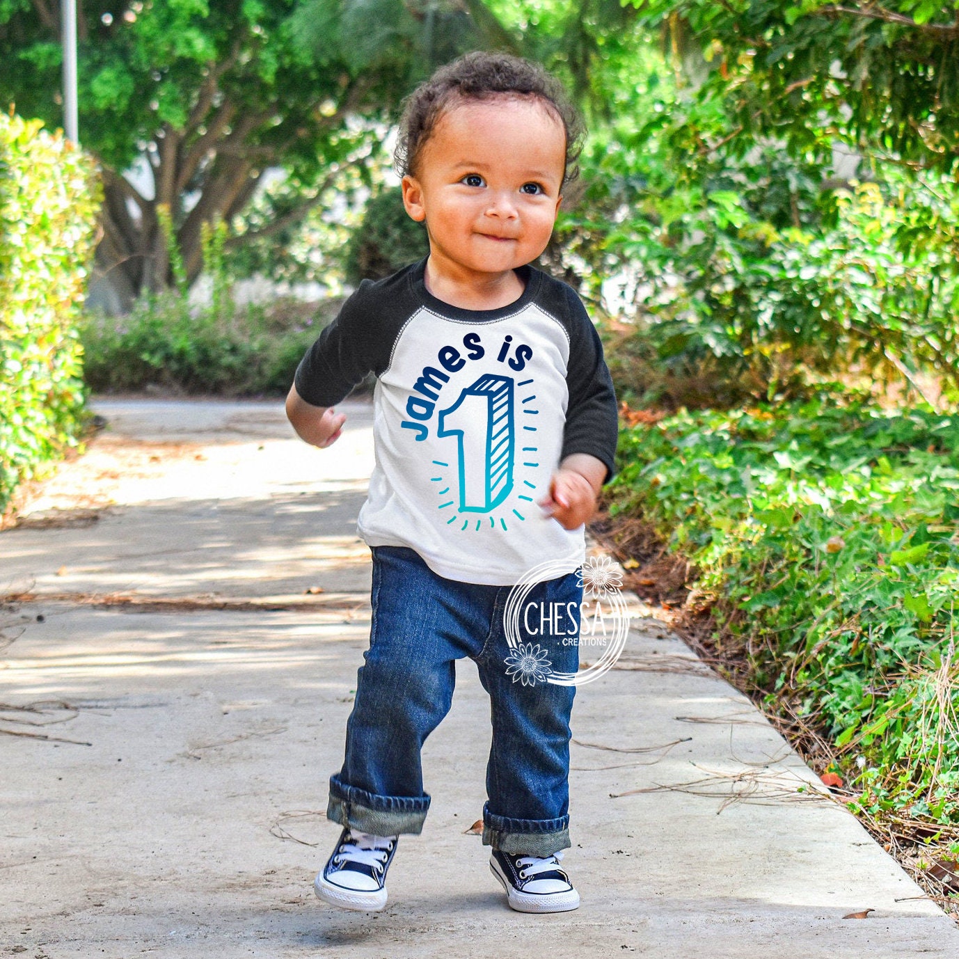 1st Birthday Boy, One Year Old Birthday Outfit, First Birthday, White raglan shirt w/ Black Sleeves, Blue Ombre, Chessa, DTG Ink Print