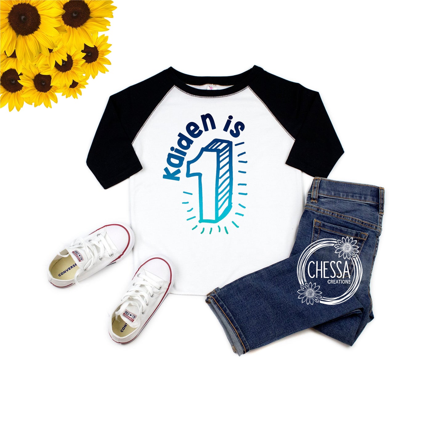 1st Birthday Boy, One Year Old Birthday Outfit, First Birthday, White raglan shirt w/ Black Sleeves, Blue Ombre, Chessa, DTG Ink Print