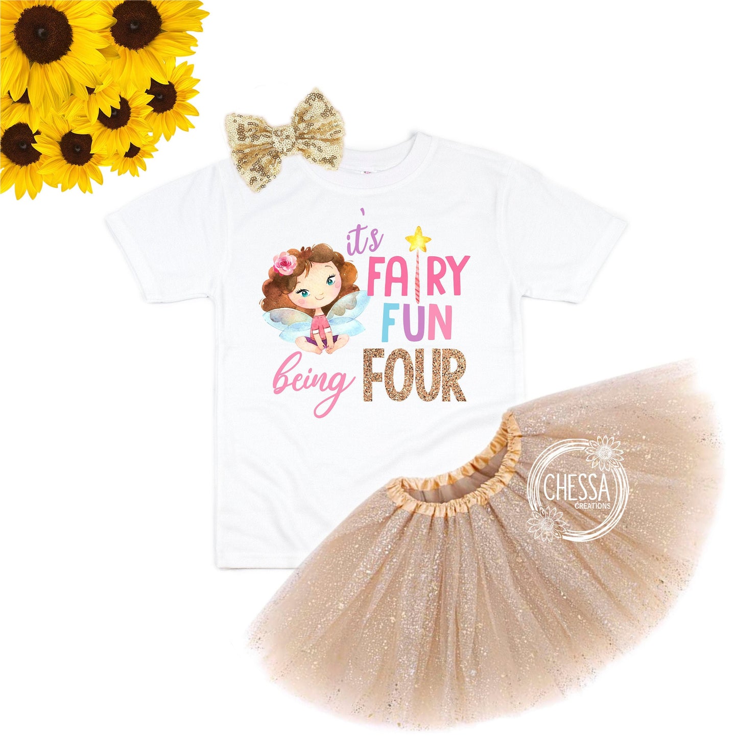 Girl Fairy Birthday Party Shirt Tutu Outfit for Girls, Short or Long Sleeve, ANY AGE! 1, 2, 3, 4, 5, 6, 7, 8 Year Old, Gold Tutu and Bow