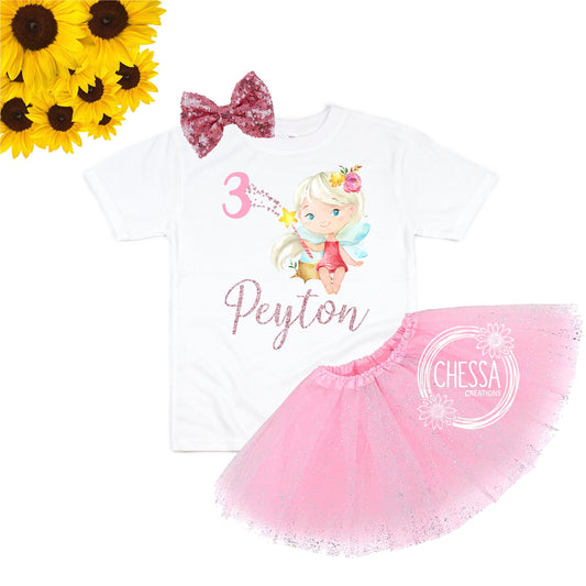 Fairy Birthday Shirt Girl Tutu Outfit, ANY AGE! 1, 2, 3, 4, 5, 6, 7, 8 Year Old, Short or Long Sleeve, Tutu and Bow, Fairy Birthday Party