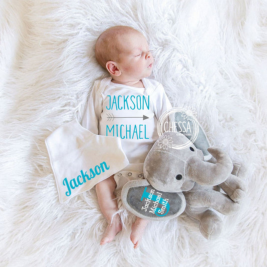 Baby Boy Shower Gift Set Customized Elephant Stuffed Animal Gift Basket Monogrammed Newborn Boy Gift Basket, Chessa Creations, Teal Blue