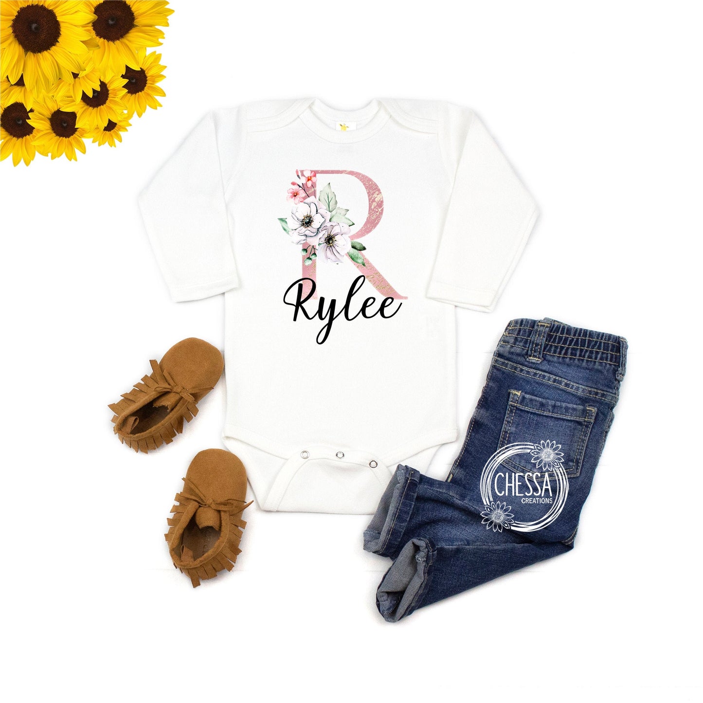 Baby Girl Coming Home Outfit, Personalized Newborn, Toddler Girls Clothes, Floral Rose Gold Initial with Name, DTG Ink Print