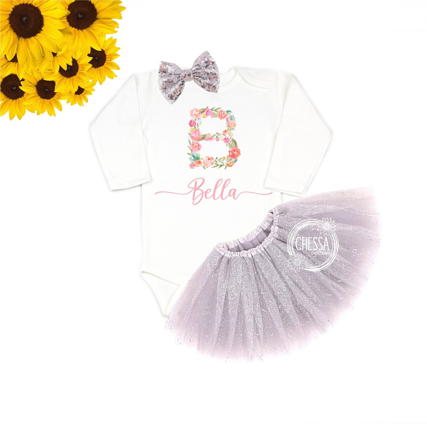 Personalized Newborn Girl Gift, Coming Home Outfit, Floral Toddler Girls Clothes, Long or Short Sleeve Shirt with Tutu and Bow, DTG Ink