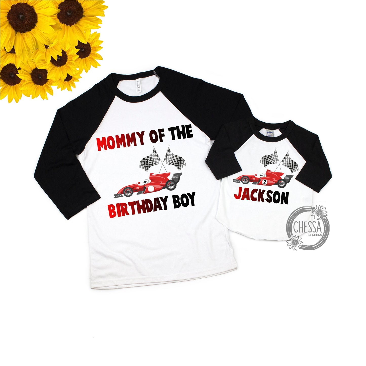 Racecar Birthday Boy Family Shirts, Racing, Birthday, 1st, 2nd, 3rd, 4th Birthday for ANY AGE! Year Old Boys Party Outfit Raglan, DTG Ink