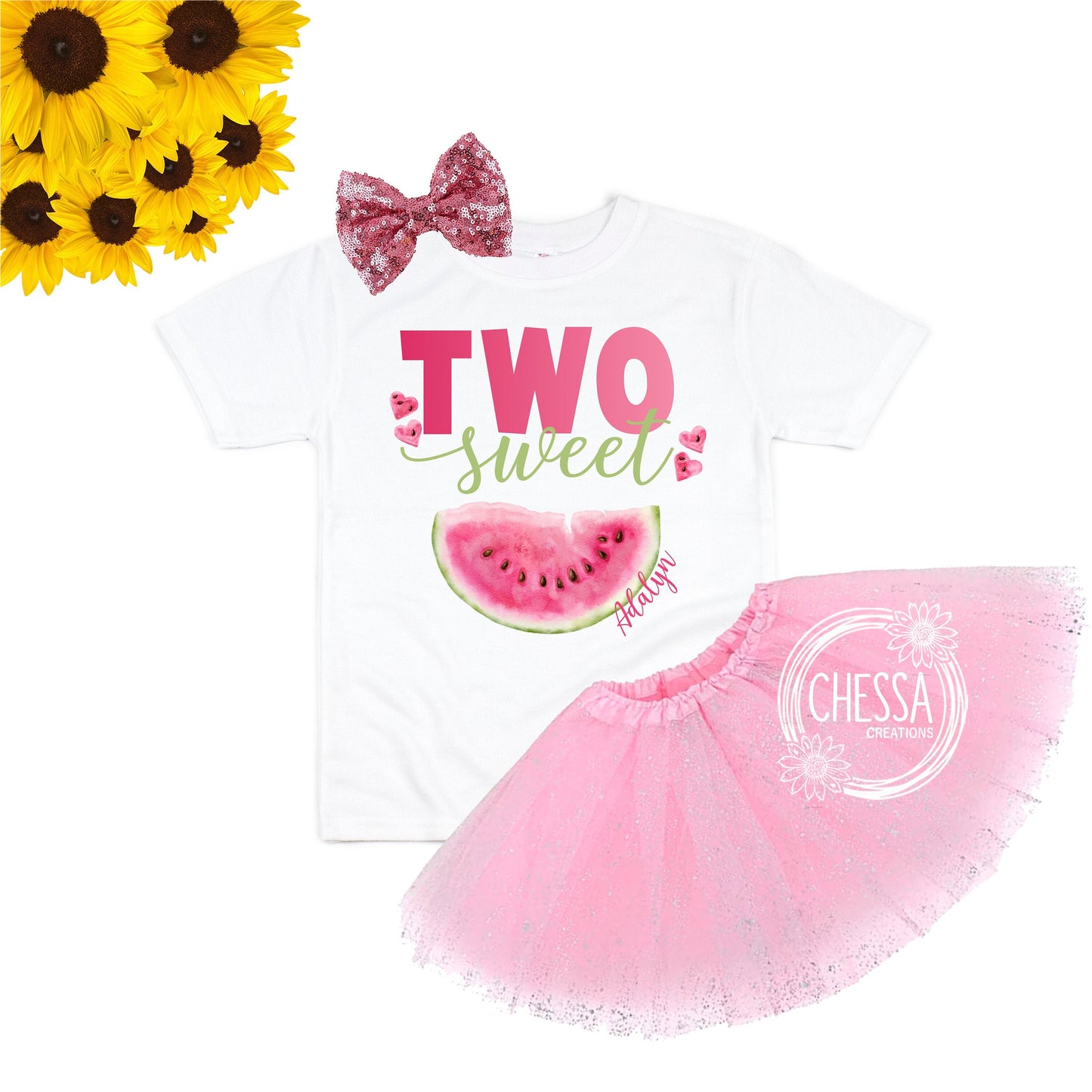 Girls 2nd Birthday Outfit Two Sweet Watermelon 2 Year Old Summer Birthday Outfit, Short or Long Sleeve Shirt w// Tutu & Bow, Beach Party