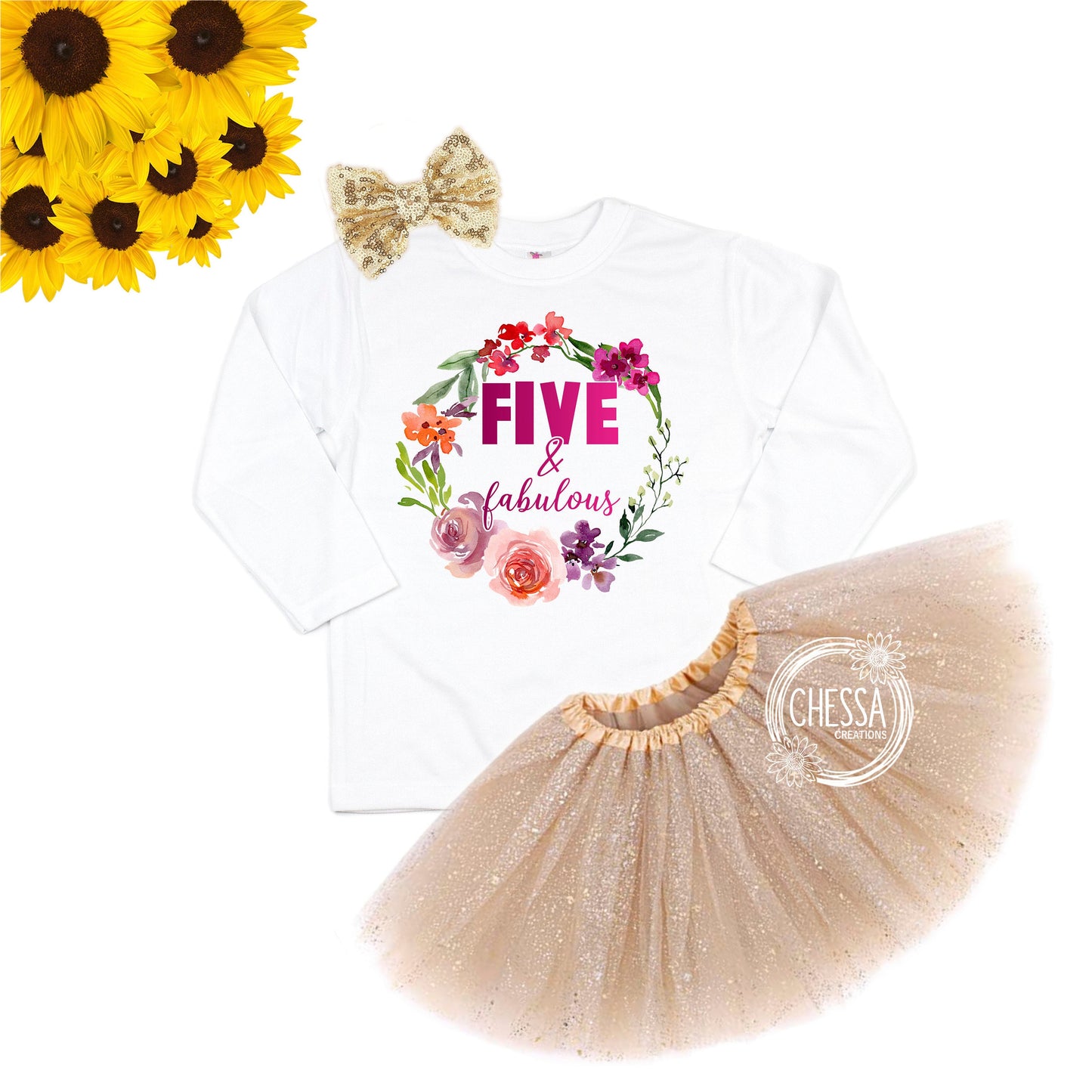 5th Birthday Shirt Girl, Five and Fabulous Outfit, 5 Year Old, Short or Long Sleeve, FIVE, Purple Tutu and Bow, Pink Floral, DTG Ink Print