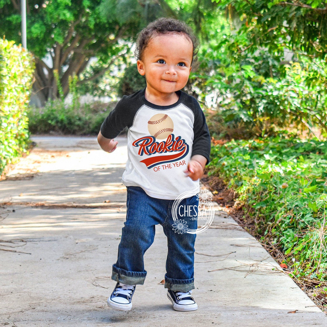 Rookie of the Year First Birthday Shirt for Boy Baseball One Year Old Birthday Outfit, White raglan shirt w/ Black Sleeves, Pro Ink Print