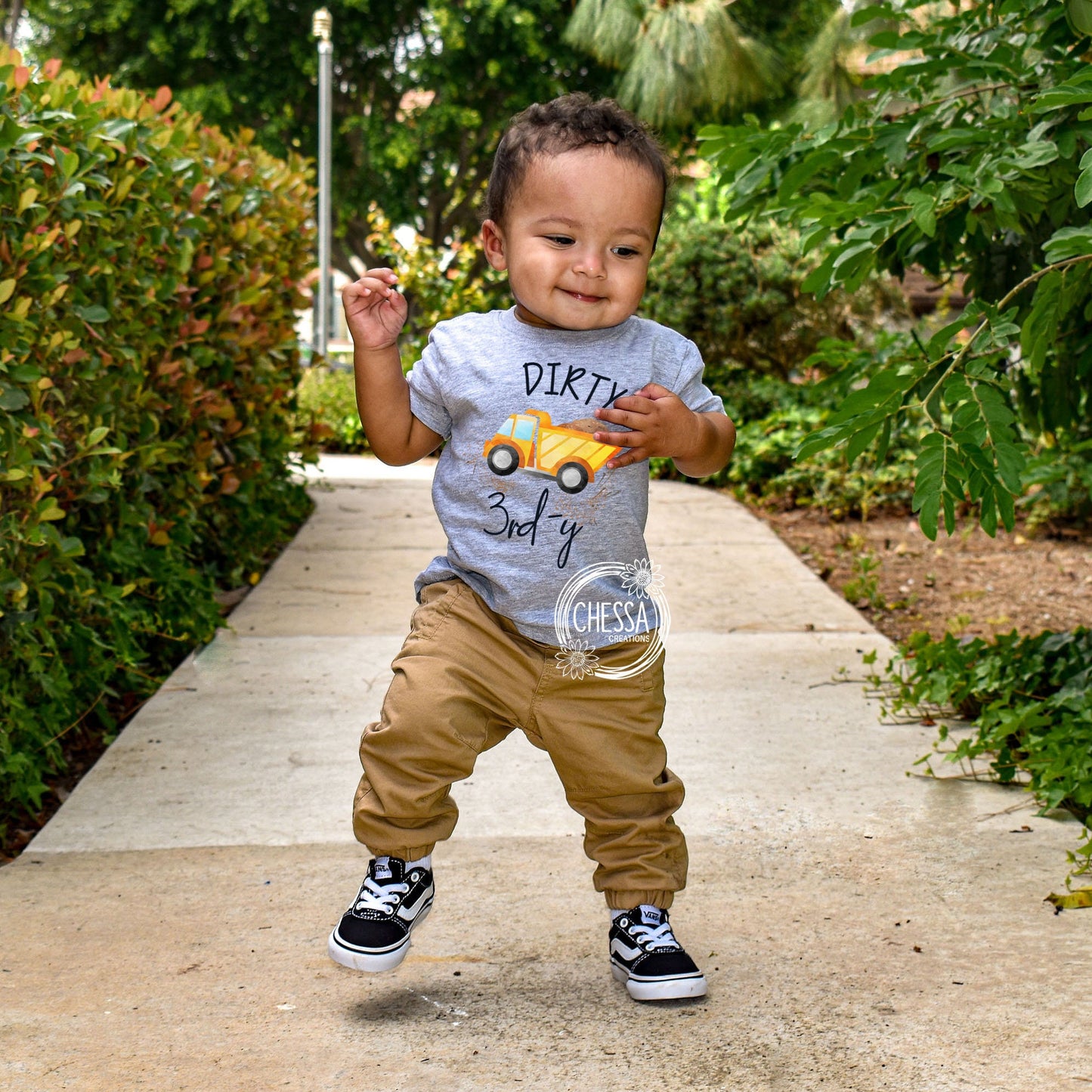 Birthday Boy Outfit 3, Dirty 3rd-y Construction Dump Truck 3rd Birthday Party Shirt for Cake Smash, Three Year Old, DTG Ink Print