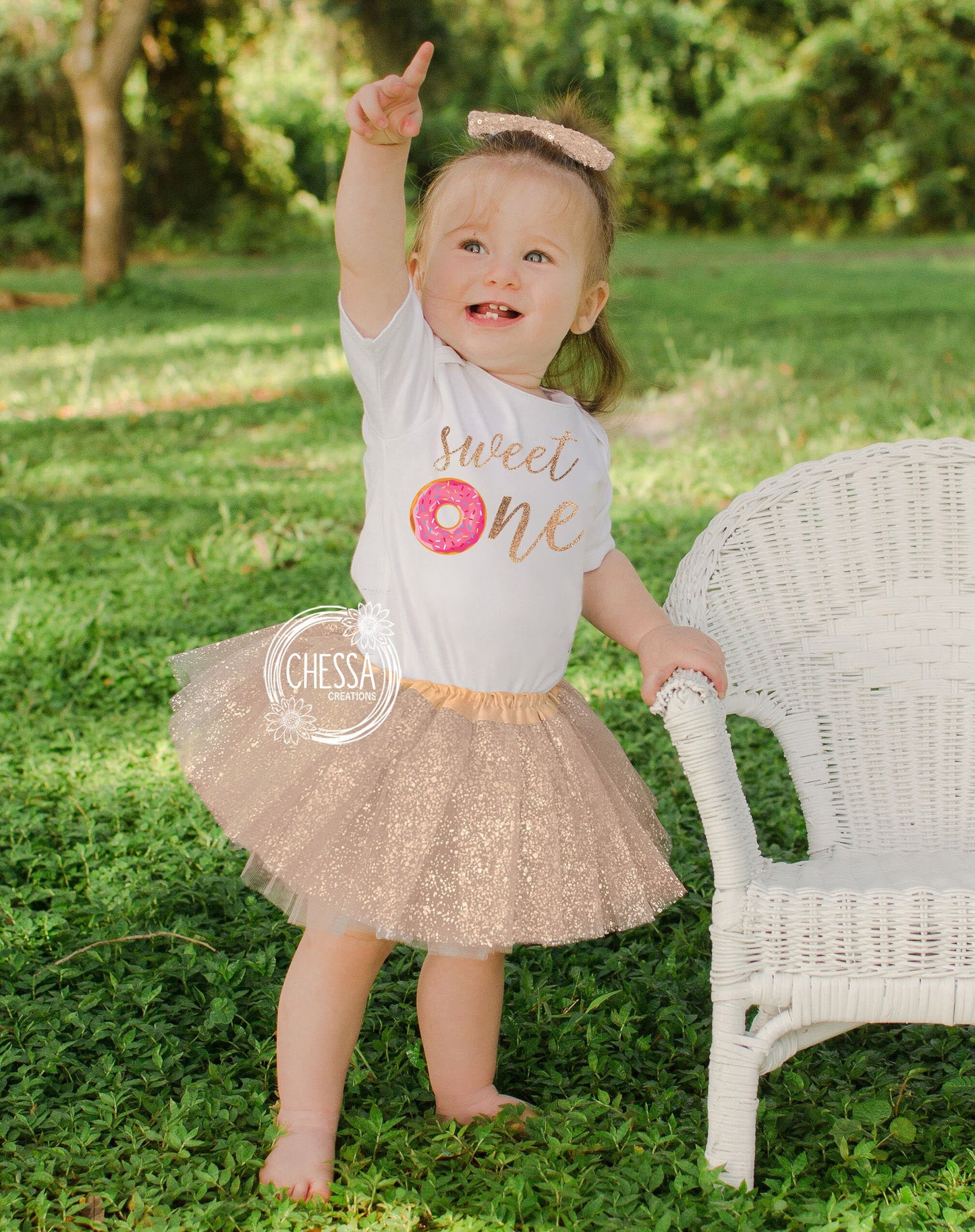 Sweet One First Birthday Girl Outfit, Shirt for 1st Birthday Cake Smash, Donut Outfit Set with Tutu & Bow, Glitter Gold, Pink, DTG Ink Print