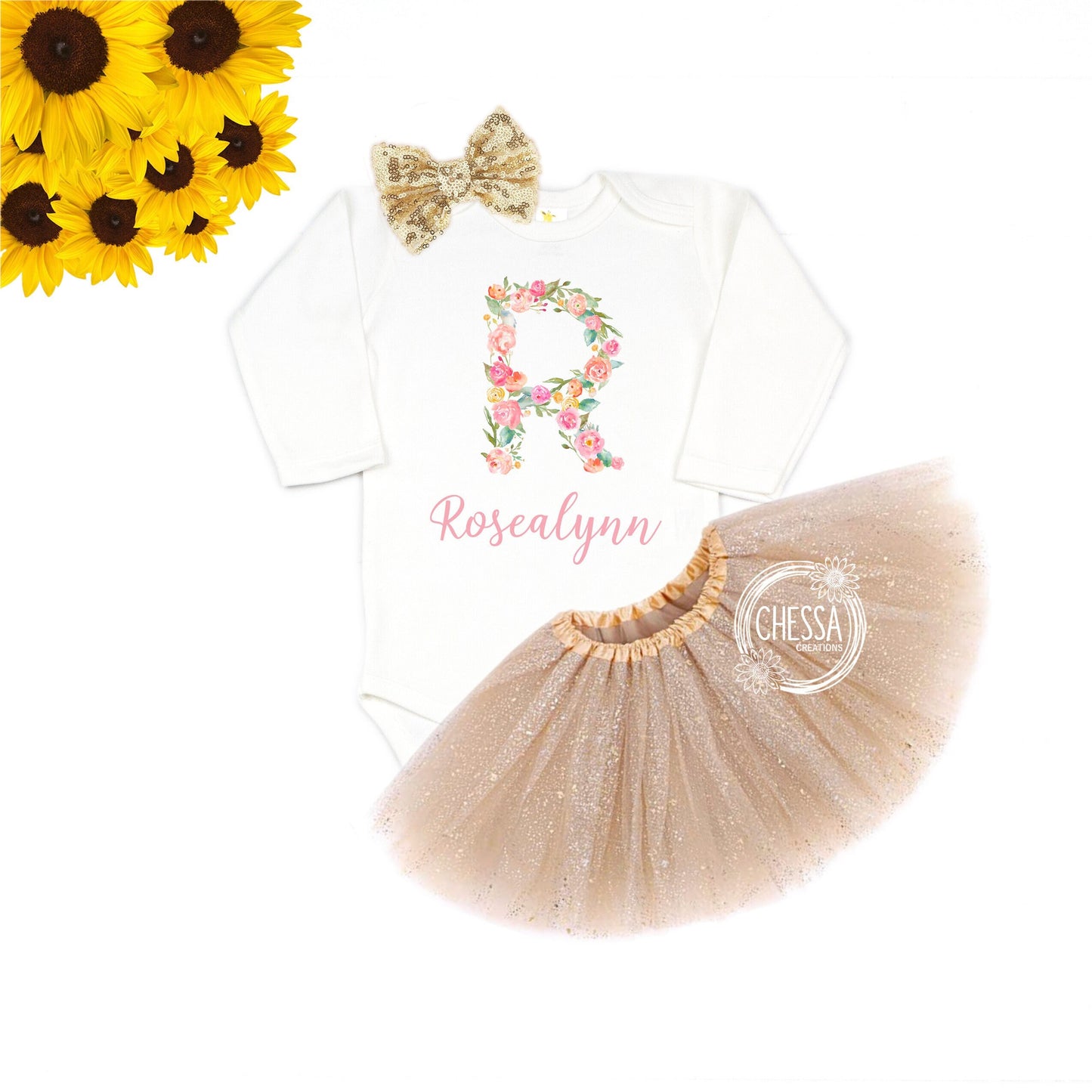 Personalized Newborn Girl Gift, Coming Home Outfit, Floral Toddler Girls Clothes, Long or Short Sleeve Shirt Tutu Bow, Pink Flowers