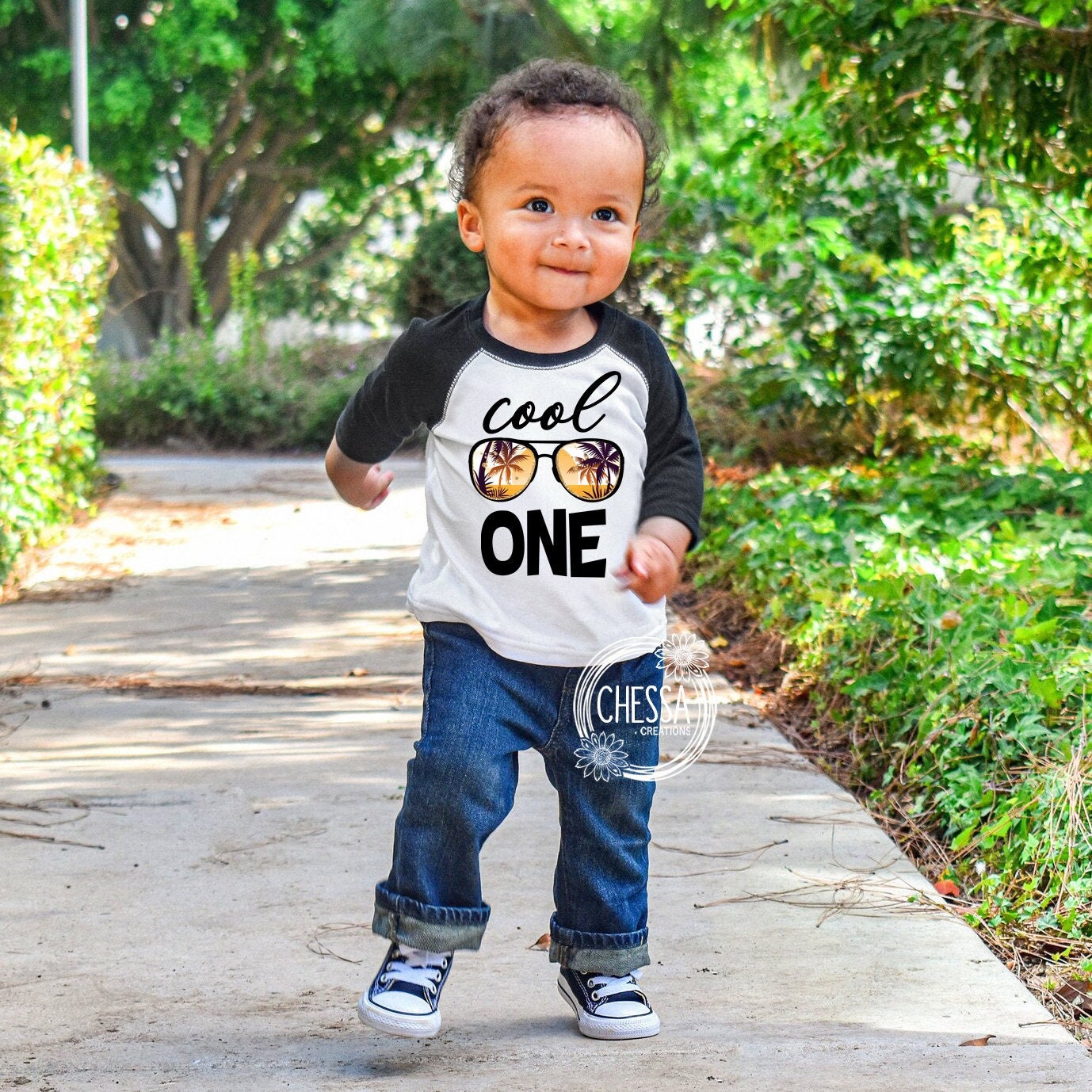 Cool One First Birthday Shirt for Boy Outfit for 1st Birthday One Year Old, White raglan shirt w/ Black Sleeves, DTG Ink Print