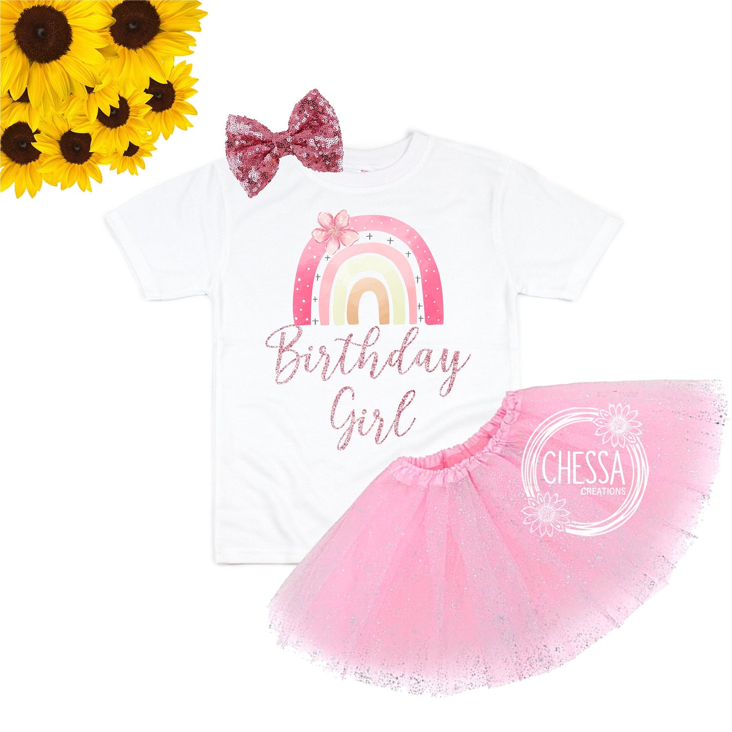 Rainbow Girls Birthday Outfit Girl Shirt 1, 2, 3, 4, 5, 6 Year Old, Cute Boho Glitter Short or Long Sleeve, Tutu and Bow, Rose Gold & Pink