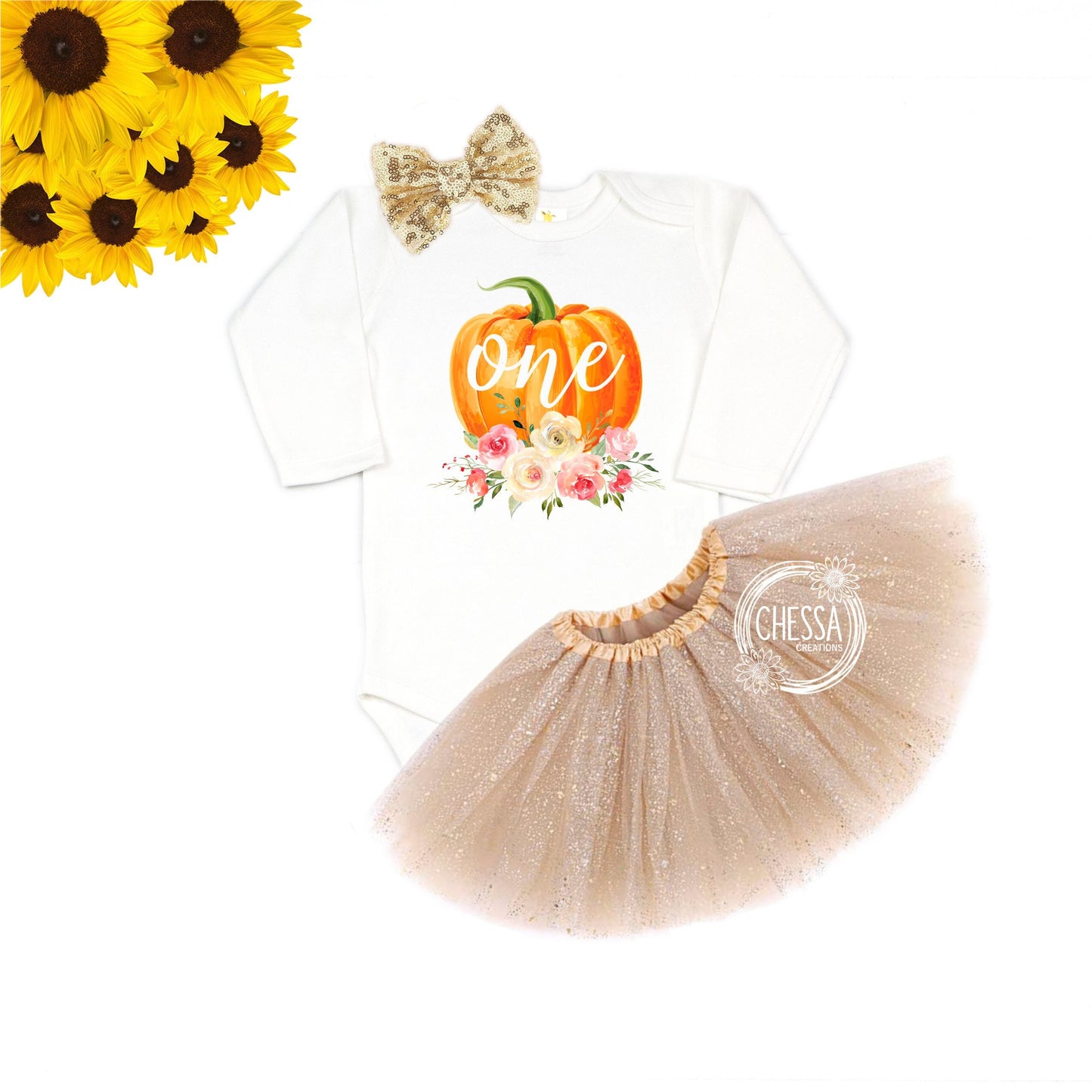 Fall 1st Birthday Girl Outfit, Pumpkin Shirt for First Birthday Cake Smash, Fall Outfit Set with Tutu & Bow, Glitter Gold, ANY AGE!