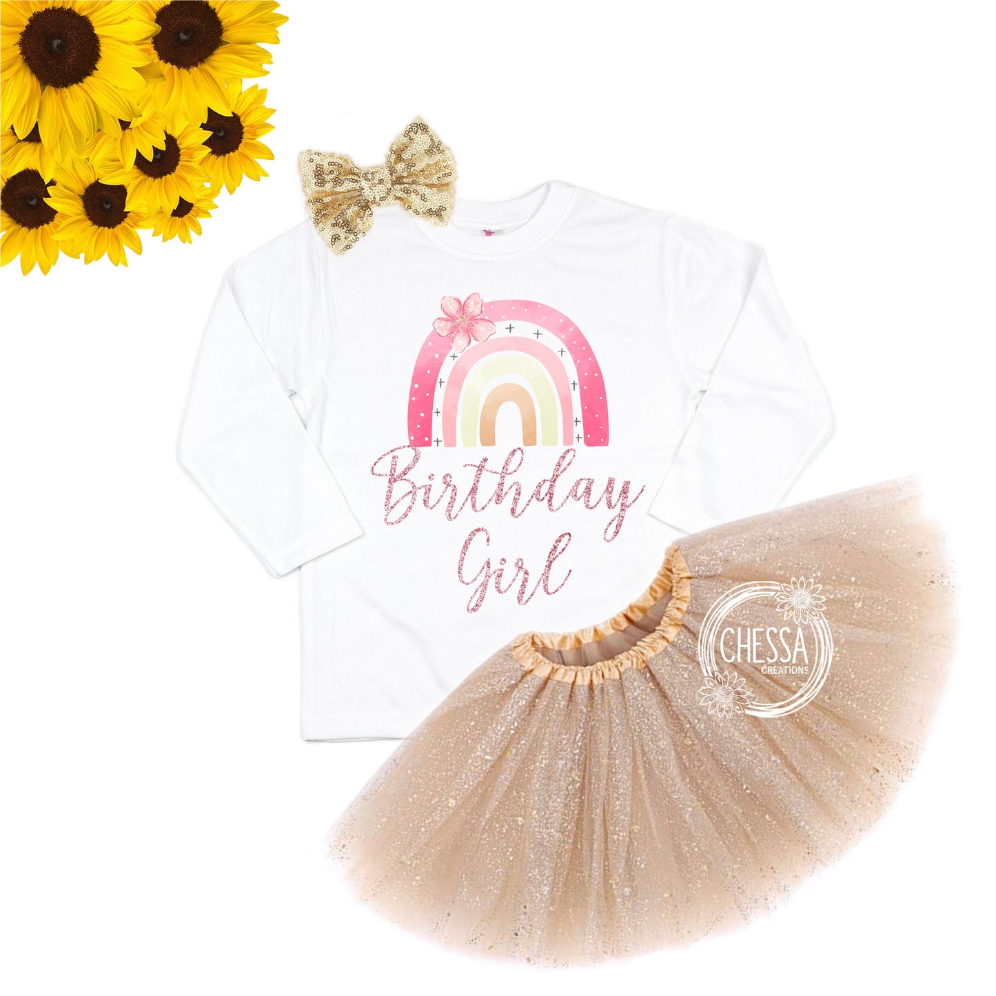 Rainbow Girls Birthday Outfit Girl Shirt 1, 2, 3, 4, 5, 6 Year Old, Cute Boho Glitter Short or Long Sleeve, Tutu and Bow, Rose Gold & Pink