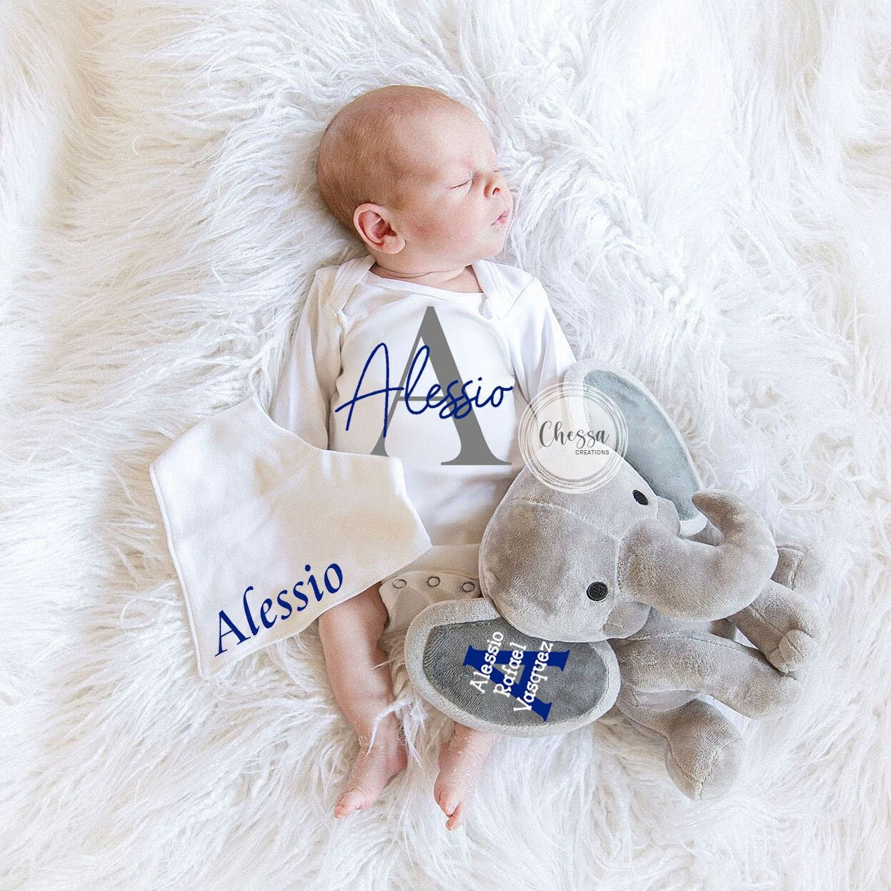 New Baby Boy Shower Gift Box Personalized Elephant Stuffed Animal Gift Basket Newborn Boy Gift Basket, New Parent Gift Set, Royal Blue