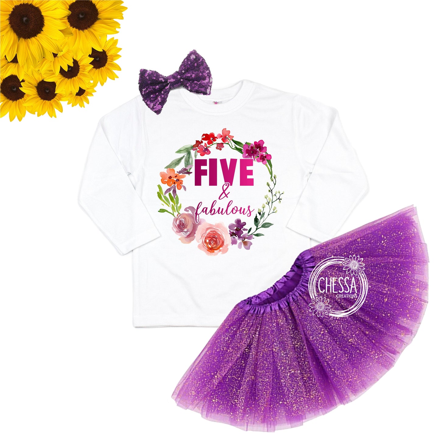 5th Birthday Shirt Girl, Five and Fabulous Outfit, 5 Year Old, Short or Long Sleeve, FIVE, Purple Tutu and Bow, Pink Floral, DTG Ink Print